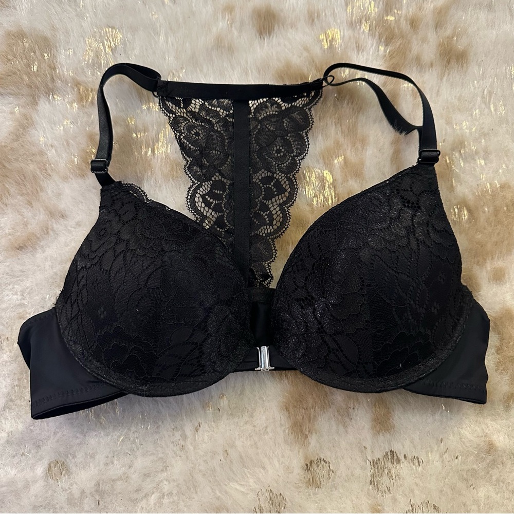 Black lace racer back bra, European size 80 B